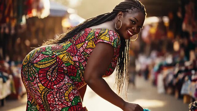 Smiling african woman in vibrant dress shopping at outdoor market browsing colorful stalls
