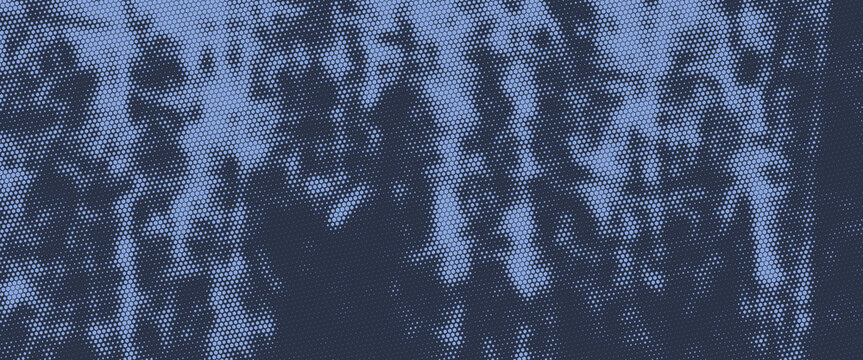 Hexagonal grid halftone pattern semi circle arc border ultra wide 32:9 aspect ratio deep blue vector abstract background. Hexagon half tone panoramic ultrawide format futuristic technology abstraction