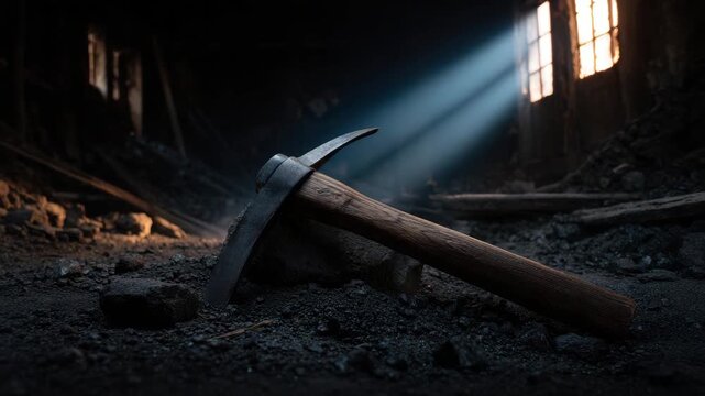 Abandoned mine shaft with pickaxe wooden handle and metal tool in dark interior, dusty floor, ruined room, rubble, beam window light, rocky ground, dramatic mining tool scene