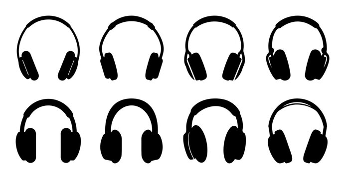 Black headphones icon set in grid style - Modern black headphones arranged in a clean grid layout for digital and print use, ideal for media, tech, or app designs.