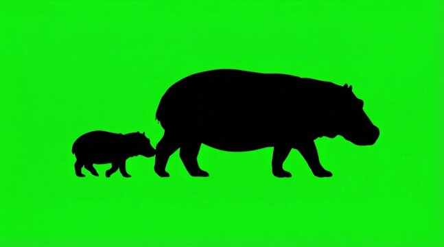 Video Silhouette of hippopotamus are walking on the green screen background