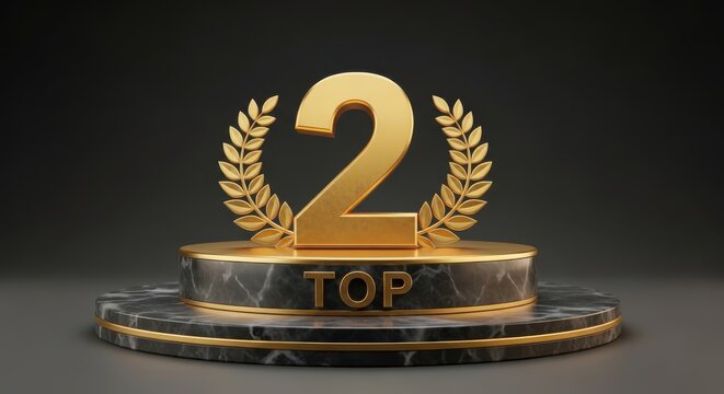 Gold number two on a marble podium with laurel wreath