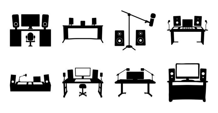 Modern home studio recording setup with equipment - Illustrated collection of home recording studio setups featuring microphones, speakers, desks, and computer workstations for music production.