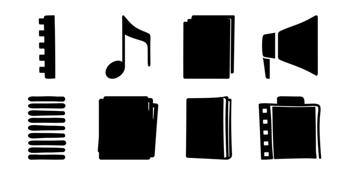 Flat icons set of media and sound controls - Minimalist black flat icons showing media controls including music note, ruler, books, megaphone, and film strip for stock use.