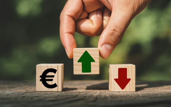 Hand placing wooden block with upward arrow on euro currency symbol block while downward arrow block remains