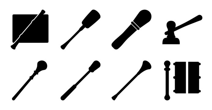 Black musical instruments and conductor tools icon set - Minimalist black and white icons of musical tools including conductor baton, microphones, and percussion mallets for vector use in designs.
