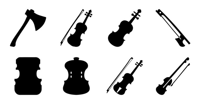 Black musical instruments and axe vector icons set - A sleek collection of black vector icons featuring a double-bit axe, violins, violas, and cellos for creative projects or presentations.