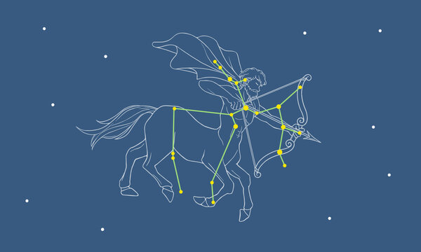星空に浮かぶ射手座の線画イラスト（白線のケンタウルスの絵とカラーの星座線）