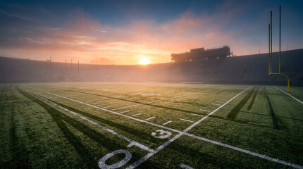 Obraz premium Empty American football stadium at sunrise with mist covering the green turf field and yellow goal posts under a hazy orange and blue sky with stadium seating in the background.