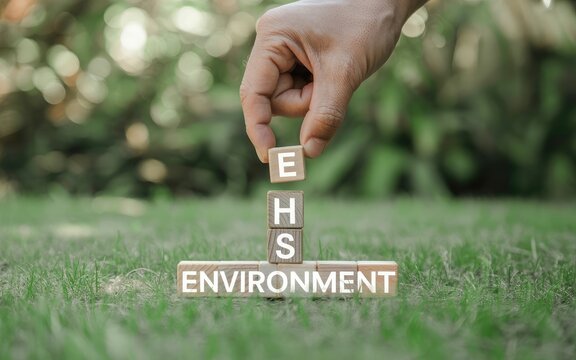 Hand placing wooden blocks spelling EHS environment on grassy outdoor surface emphasizing sustainability and safety