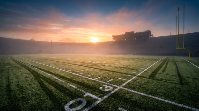 Empty American football stadium at sunrise with mist covering the green turf field and yellow goal posts under a hazy orange and blue sky with stadium seating in the background.