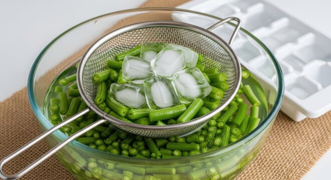 Fresh green beans in a glass bowl with ice cubes in a strainer