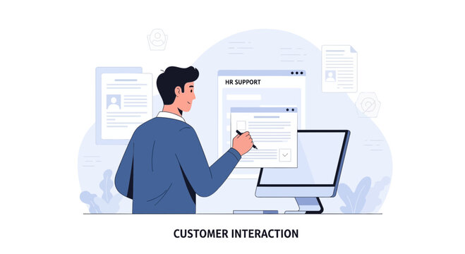Man interacts with HR support screen, digital workflow for business operations