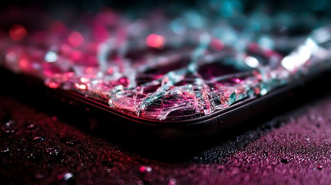 Broken smartphone screen with cracked glass texture and colorful neon lighting effects.