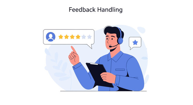 Customer service agent receiving positive feedback with star ratings illustration
