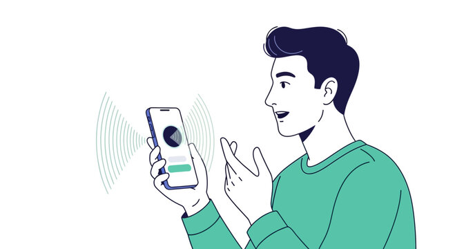 Man talking to smartphone with voice assistant wave