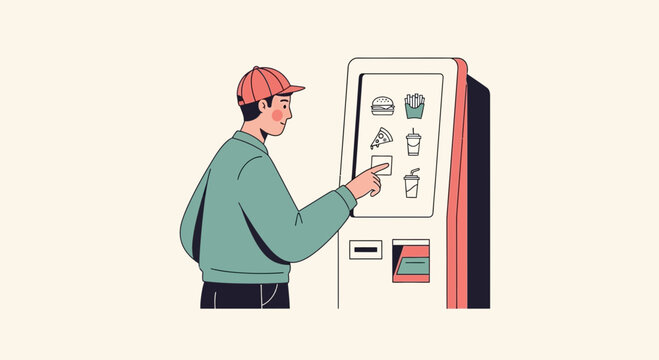 Man uses touchscreen kiosk for ordering fast food, digital menu selection