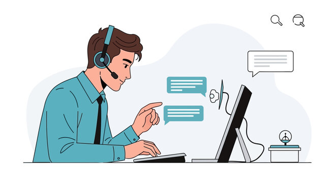 Customer Service Agent with Headset Working on Computer Online Support