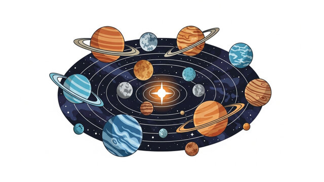 A vibrant illustration of planets and moons orbiting around a bright star in a solar system isolated on white background.