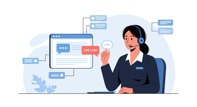Customer Service Representative with Headset and Live Chat Interface