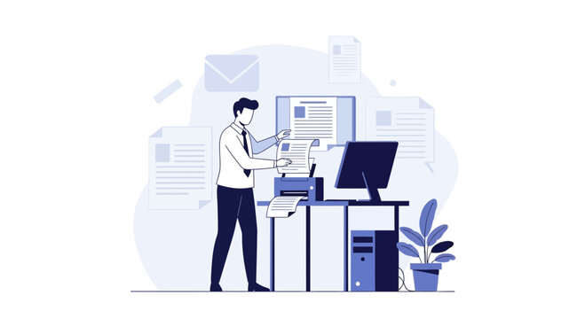 Office worker managing documents with computer and printer