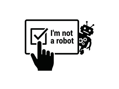 Internet security captcha checkbox verification with human finger clicking and cute robot vector graphic design