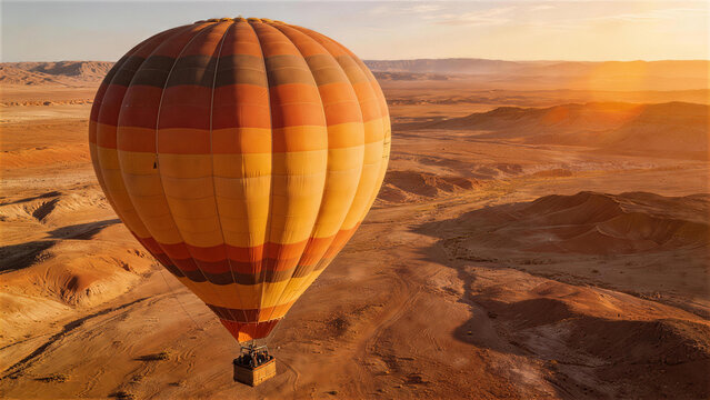 Balloon's Aerial Journey: A vibrant hot air balloon soars gracefully against the stunning backdrop of a vast desert landscape, kissed by the warm embrace of the setting sun.