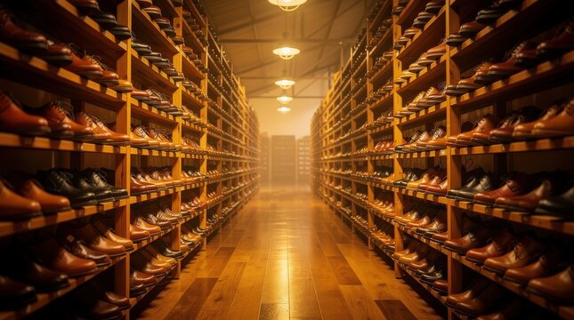 A well-organized shoe store with wooden shelves filled with elegant shoes, illuminated by soft lighting, creating a warm and inviting atmosphere.