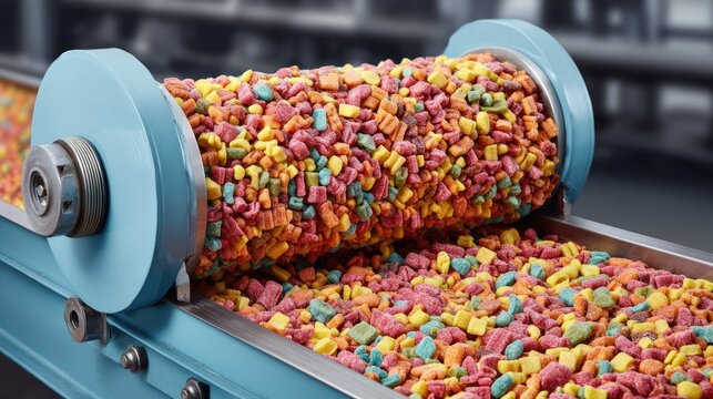 Colorful Candy Production System Rolling Conveyor with Bright Sweets in a Factory Setting