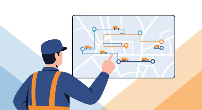 Logistics Manager Planning Delivery Routes on Digital Map with Trucks