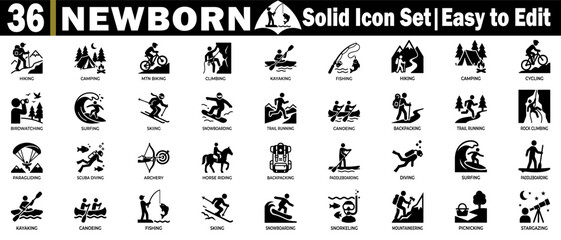 Naklejka premium Newborn solid icons set, featuring adventure activities and outdoor sports.