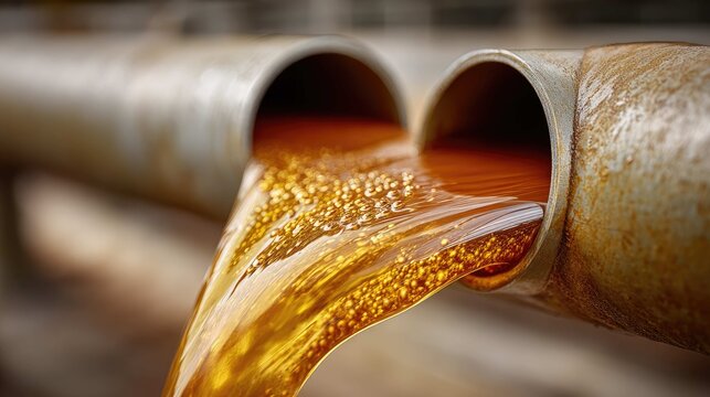 Flowing Brown Liquid from Industrial Pipe with Bubbling Surface Captured in a Close-Up View
