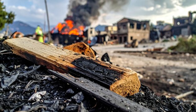 Charred wood fragment from burning building with soot marks