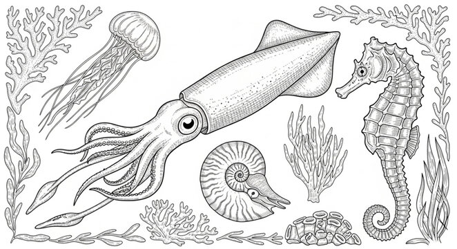 Collection of Marine Life and Fossils Hand Drawn Illustration.