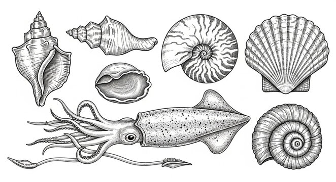 Collection of Marine Life and Shells Hand Drawn Illustration.