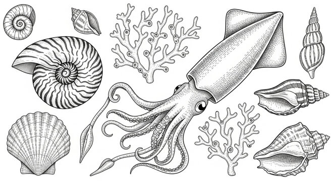 Collection of Marine Life and Shells Hand Drawn Illustration.
