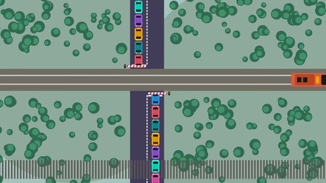 Minimalist 2D Vector Animation of a Freight Train Passing a Railroad Crossing with Cars Waiting at Barriers in a Green Forest Landscape