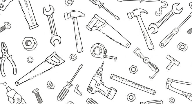 Collection of Hand Drawn Tools and Hardware Elements.