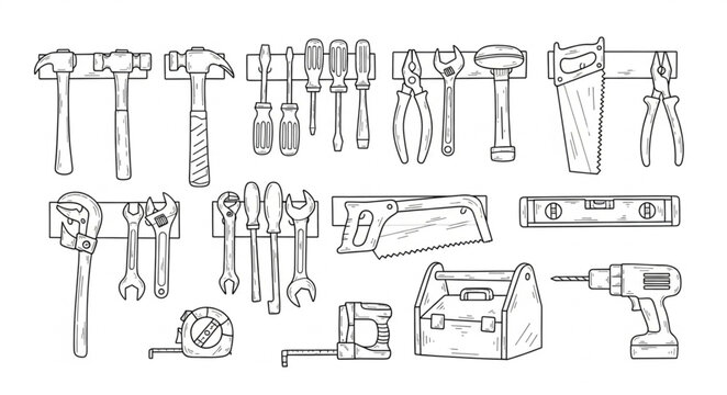 Collection of Hand Drawn Tools and Hardware Supplies.