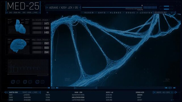 Futuristic Medical HUD Interface with DNA Helix Scan and Biological Data Visualization.