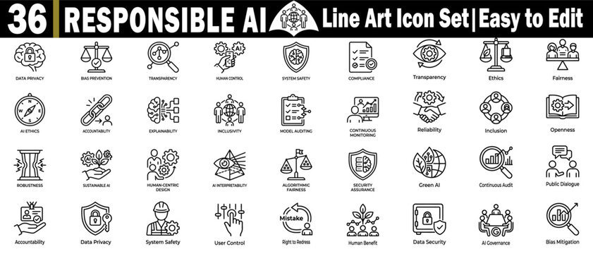 Responsible ai line art icon set for ethical artificial intelligence systems.