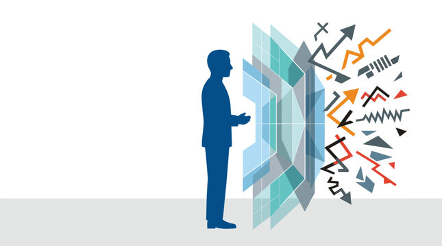 Man facing abstract crystal wall with arrows and symbols bursting out representing chaos, ideas, creativity, business challenges and problem solving in dynamic illustration on checkered background.