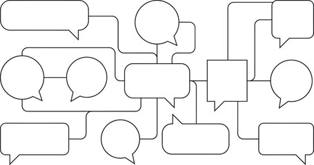 Fototapeta premium Collection of connected empty speech bubbles, thought balloons and shapes forming a network for ideas, communication, planning and organization in abstract vector illustration on checkered background.