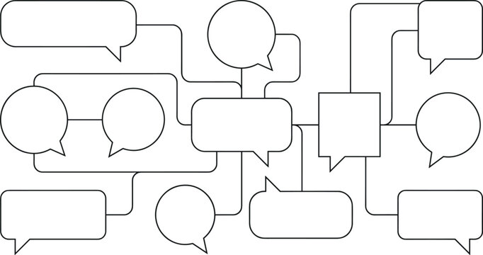 Collection of connected empty speech bubbles, thought balloons and shapes forming a network for ideas, communication, planning and organization in abstract vector illustration on checkered background.