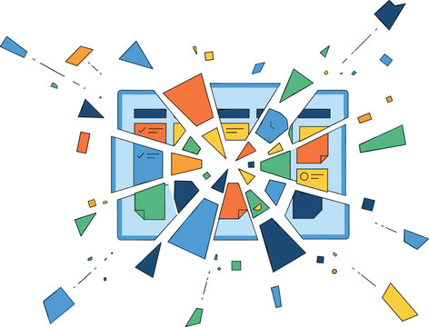Abstract depiction of a broken digital board or screen with scattered geometric fragments, representing data fragmentation, system failure, or disruption of technology and information.