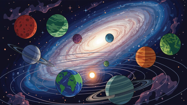 A vibrant illustration of the solar system with planets and a swirling galaxy in the background, showcasing celestial bodies in space.