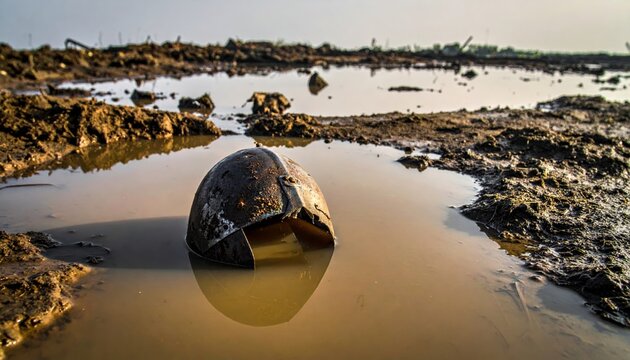 Discarded Metal Gorget Lying in Muddy Water