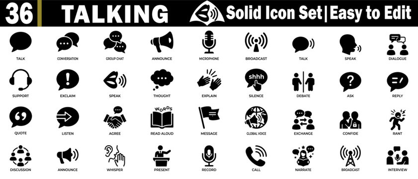 Set of thirty six solid style talking and communication icons for web design.