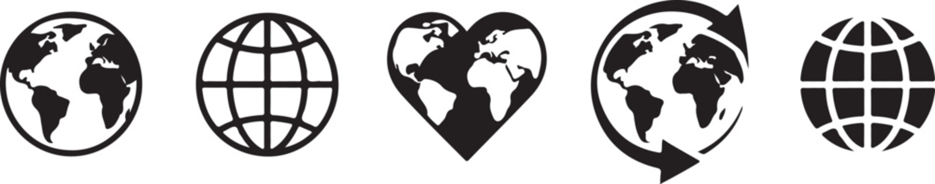 Five globe icons with different styles