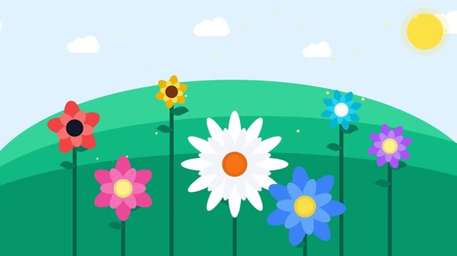 Colorful Flat Design Vector Flowers Blooming on Green Rolling Hills under Bright Sun and Sky for Spring Nature Background Animation